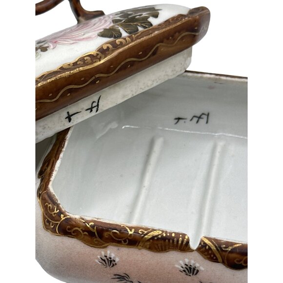 Vintage 40s Asian Art Porcelain Trinket Box Lidded Handle Floral Butterfly - Picture 13 of 13
